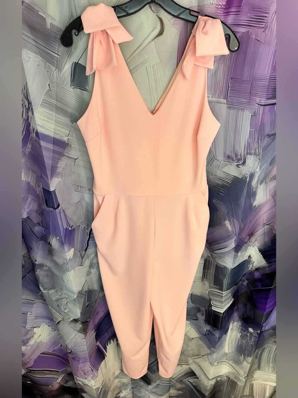 Sleeveless V-Neck Pink Jumpsuit with Shoulder Ties